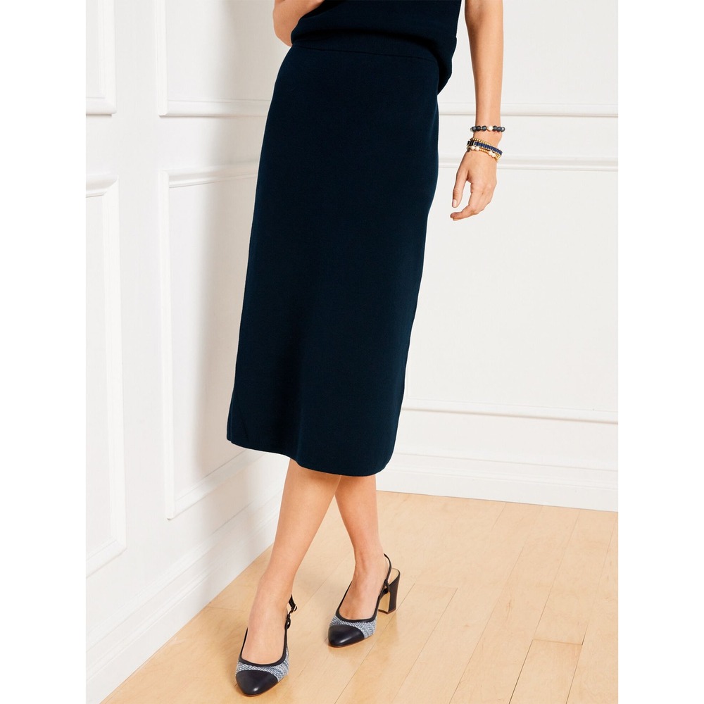 Talbots M Midi Sweater Skirt Navy Blue Cotton Blend Knit NWT Classic Minimalist
